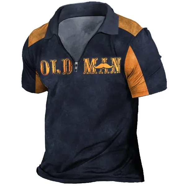 Men's Vintage Old Man Colorblock Zip Polo T-Shirt - Nikiluwa.com 