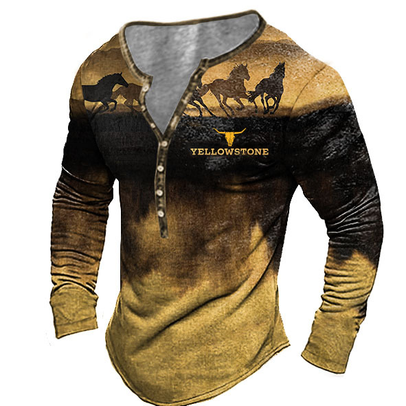 Men's Vintage Yellowstone Horse Print Chic Henley T-shirt