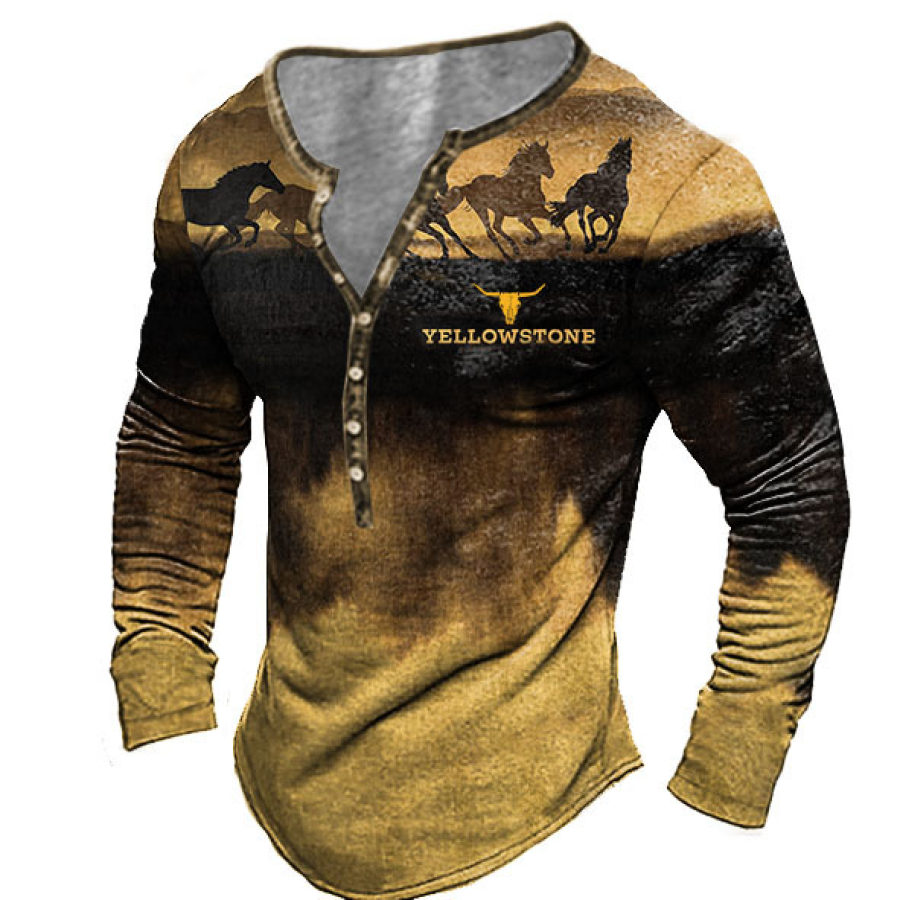 

Men's Vintage Yellowstone Horse Print Henley T-Shirt