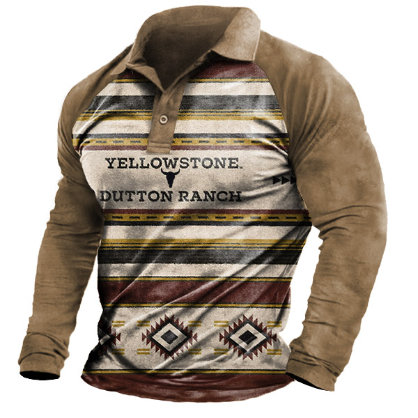 Men's Vintage Yellowstone Colorblock Chic Polo Long Sleeve T-shirt