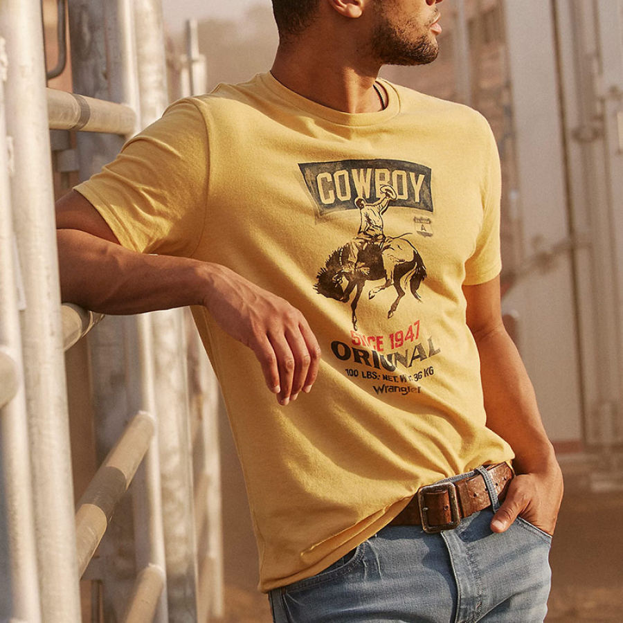 

Camiseta Masculina Retrô Western Com Estampa De Cowboy Manga Curta Camiseta Casual Para O Dia A Dia