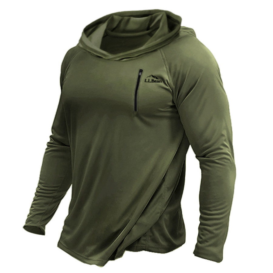 

Llbean Men's Quick Dry Hooded T-shirt Outdoor SPF 50+ Zipper Pocket Protection Hike Sports Run Pullover Tactical Tops