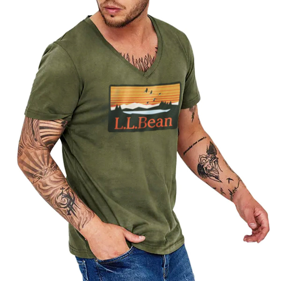 

T-shirt In Cotone Da Uomo Llbean T-shirt A Maniche Corte Con Scollo A V Con Stampa Retro Lavaggio Tattica All'aperto