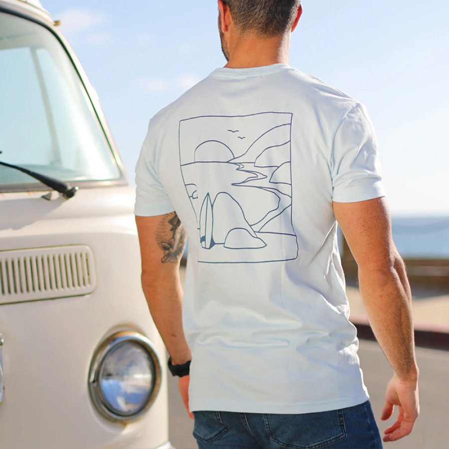 

Herren-T-Shirt Mit Urlaubs-Sonnenaufgang-Aufdruck Lässiges Kurzärmliges Alltags-T-Shirt