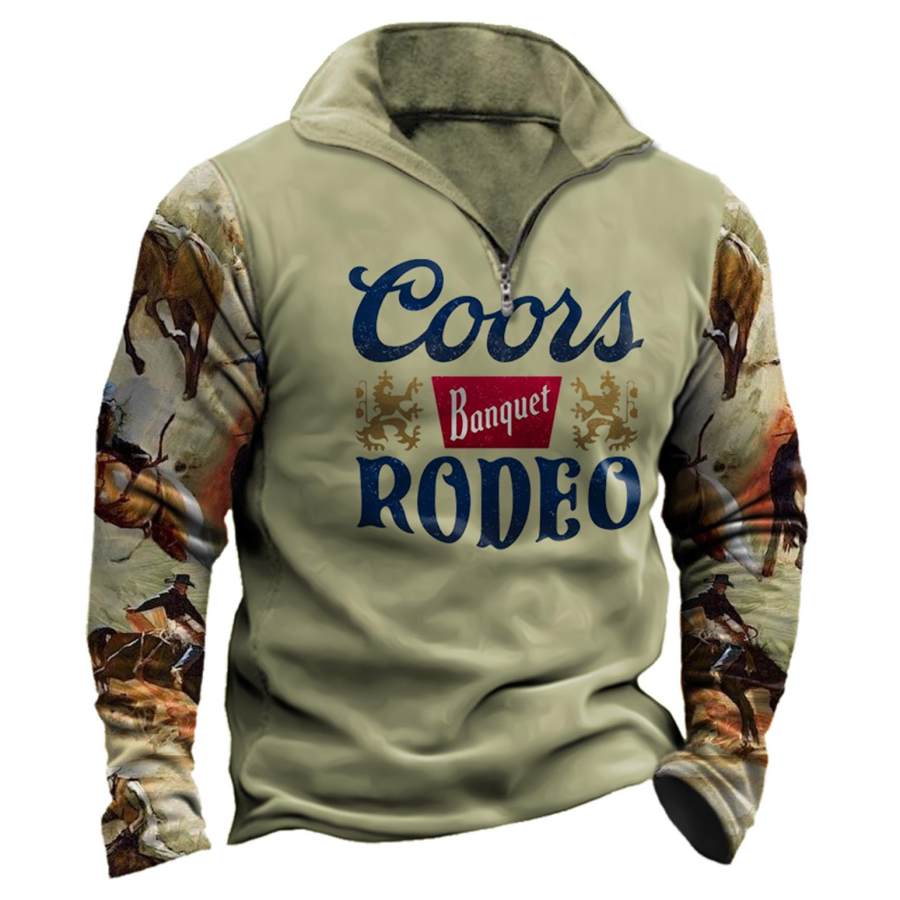 

Men's Sweatshirt Quarter Zip Western Cowboy Coors Banquet Rodeo Vintage Daily Tops Green