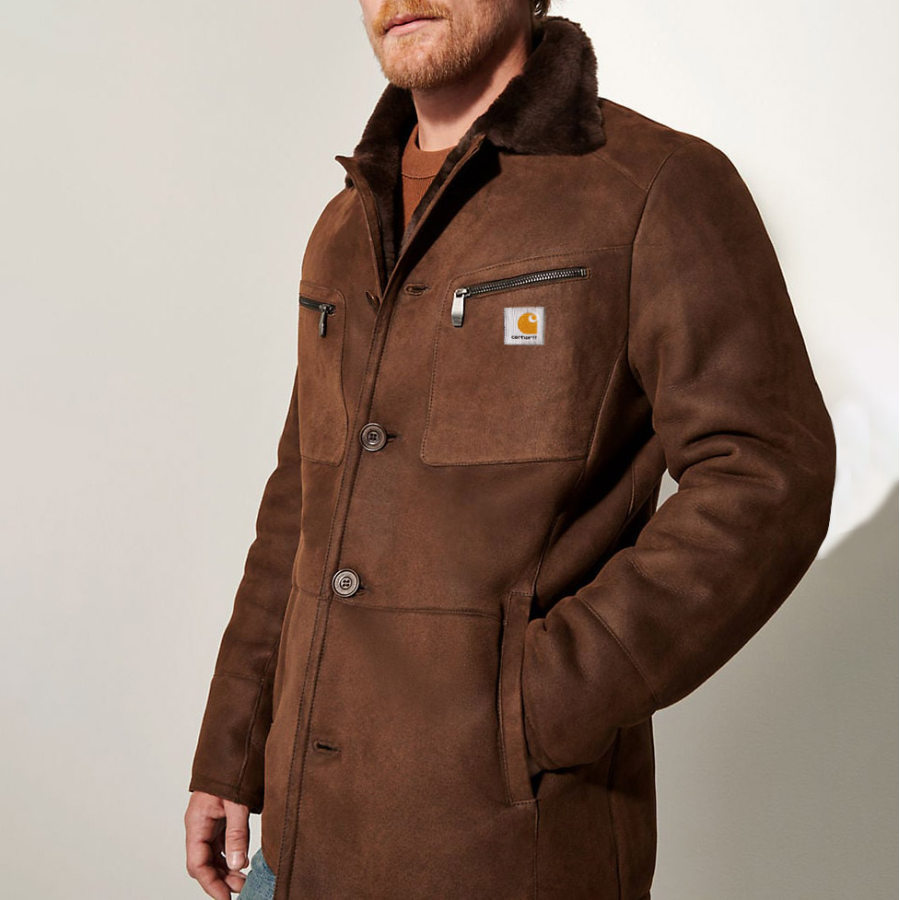 

Мужская куртка замшевая флисовая винтажная верхняя одежда с карманами коричневая