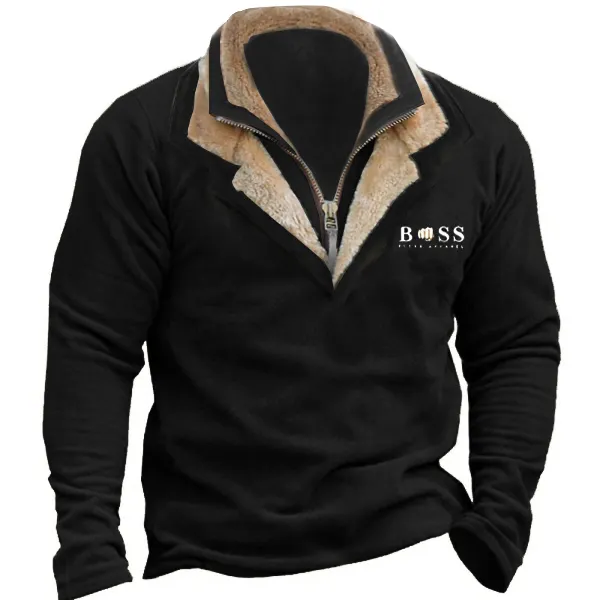 Men Vintage Boss Fleece Henley Zip Polo Sweatshirt Double Layer Lapel Fur Leather Collar Tactical Pullover - Cotosen.com