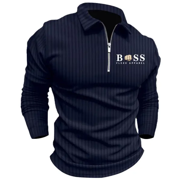 Men's Boss Polo Zip Shirt Stripe Long Sleeve Lapel T-Shirt Casual Fit Tops - Cotosen.com