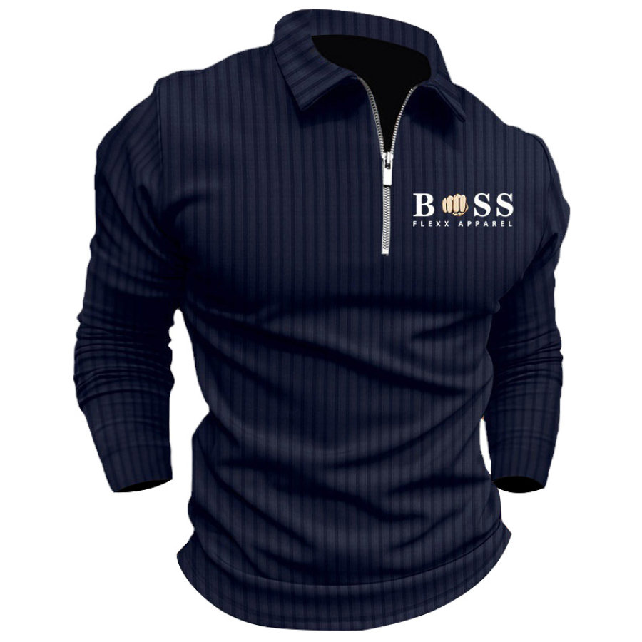 

Boss Polo Zip Shirt Rayé Manches Longues Revers T-Shirt Coupe Décontractée Hauts