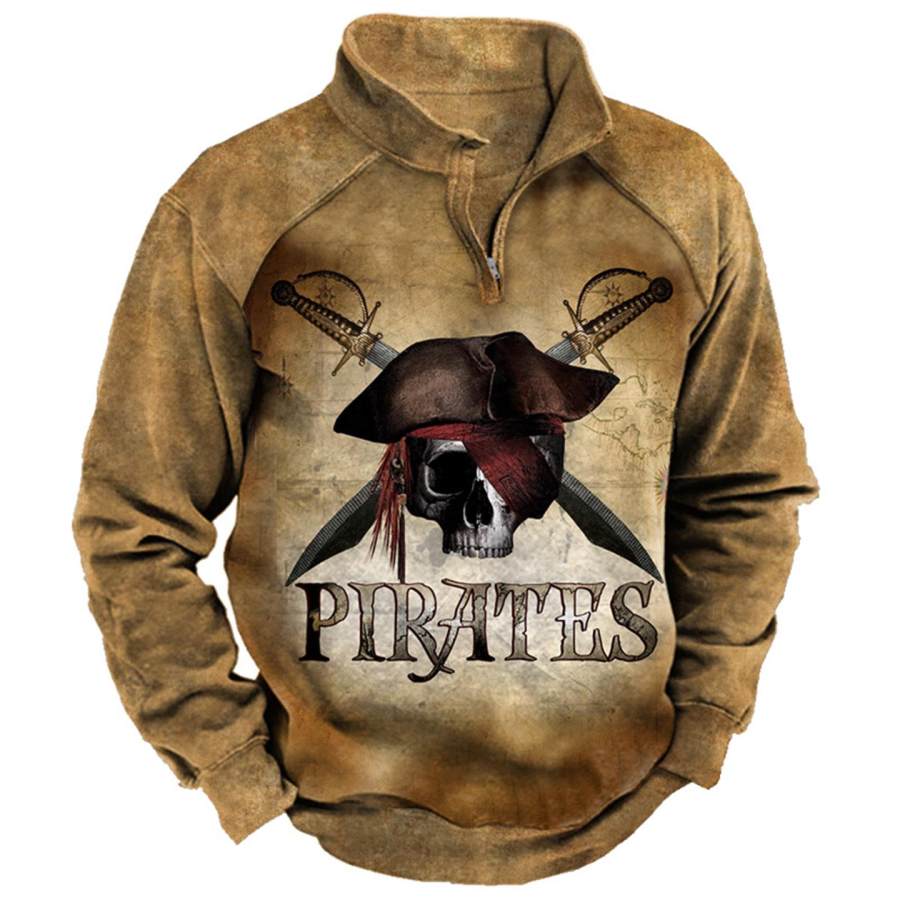 

Men's Sweatshirt Vintage Pirate Skull Quarter Zip Daily Tops