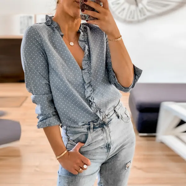 Fashionable Women's Ruffled Long-sleeved Printed Shirt - Leanarea.chimpone.com 