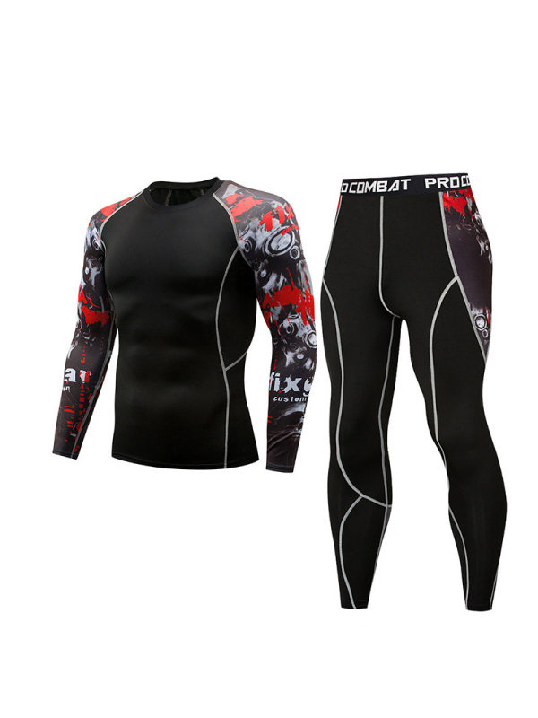 Mens 3D printing training stretch wicking long sleeved fitness suit TT235