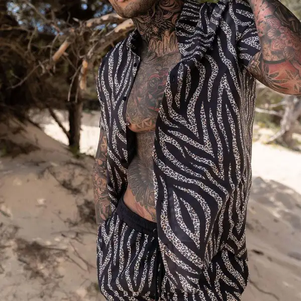 Men's Casual Zebra Leopard Print Short Sleeve Shirt Set - Menilyshop.com 