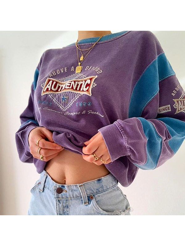 Women's Casual Fashion Round Neck Colorblock Sweatshirt HH005 - Inkshe.com 