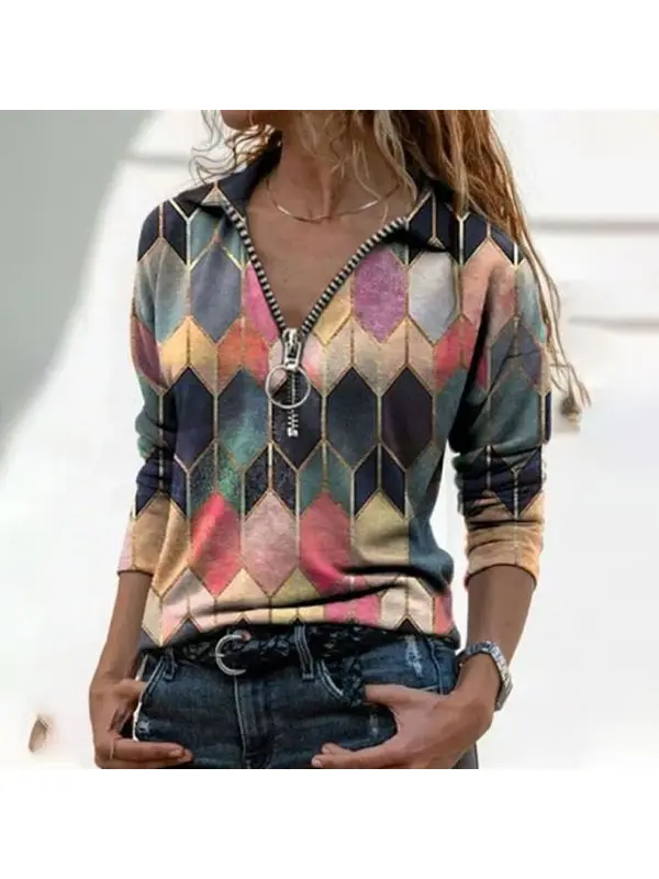 Lapel Woman Long Sleeve Turn collar Printed Zip Leisure Polyester T-shirt - Ininrubyclub.com 