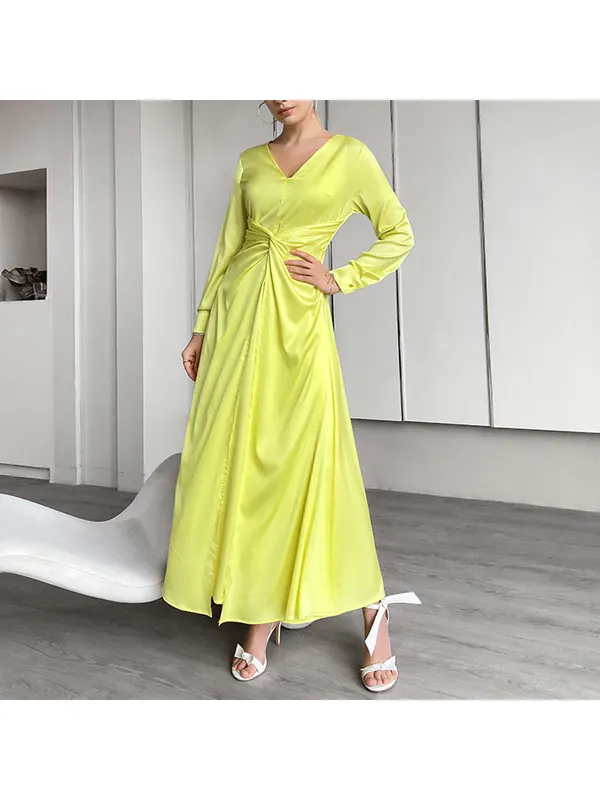 Fashion Solid Color V-neck Dress - Ininrubyclub.com 