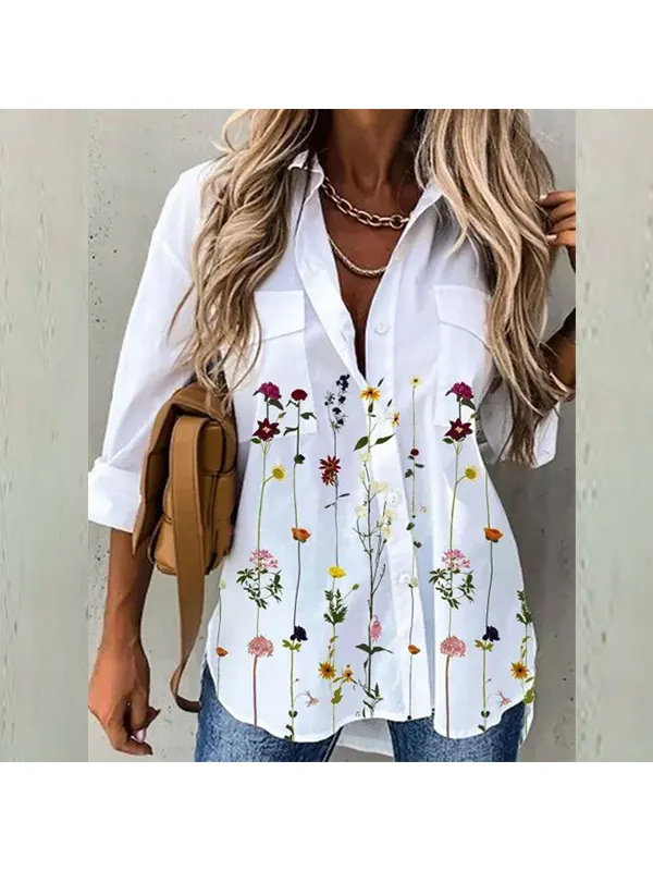 Floral Print Loose Casual Long-sleeved Blouse - Ininrubyclub.com 