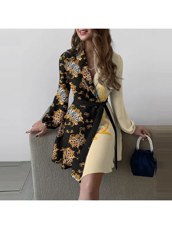Floral Color-blocking Layered Collar Long-sleeved Tunic Dress For Women - Ininrubyclub.com 