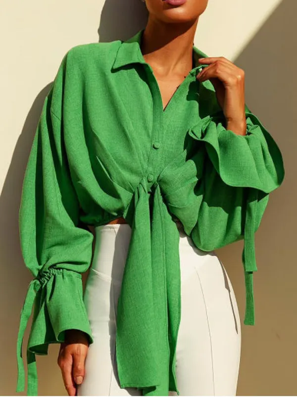 Fashion Solid Color Flared Sleeve Blouse - Minicousa.com 