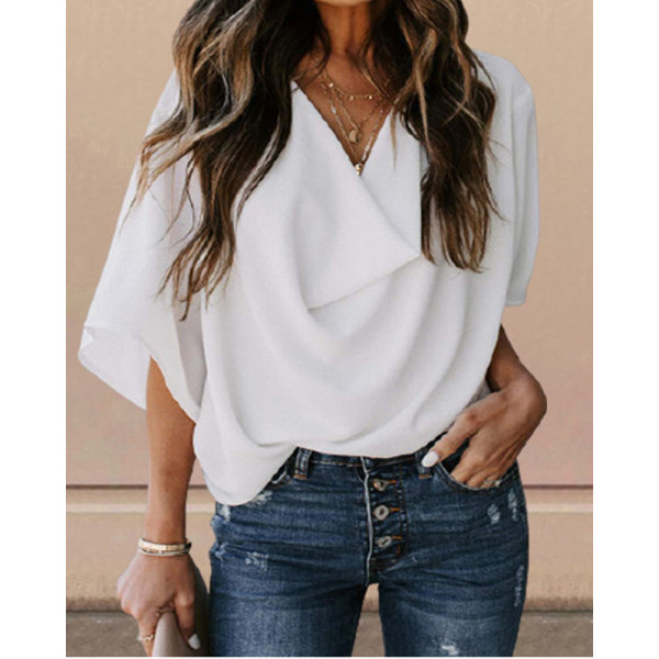 Chiffon Daily Loose Short Sleeve V-neck Casual Hanging To Dry Chiffon Leisure Blouse - Charmslady.com 