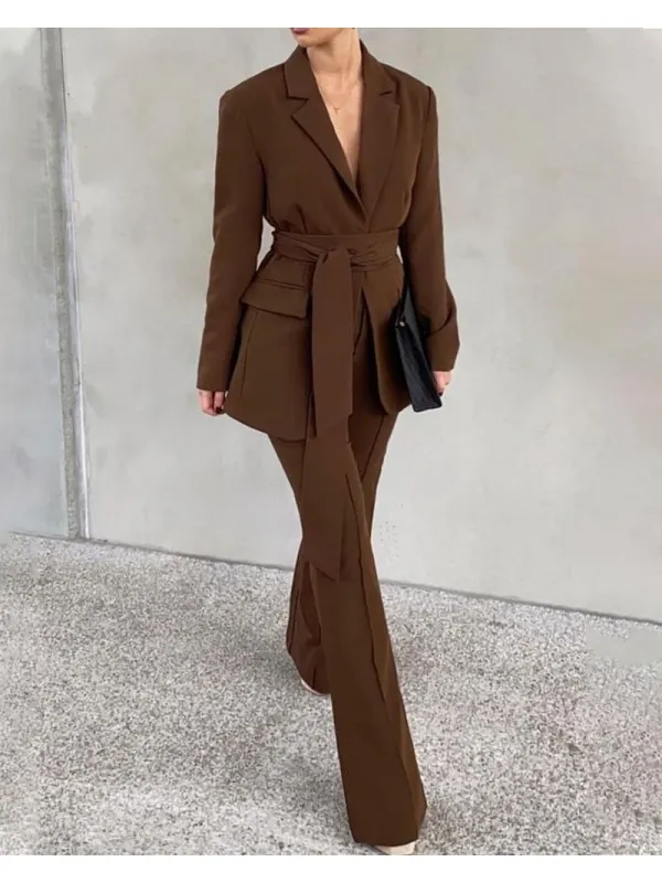 Women's Simple High-waist Lace-up Brown Suit - Ininrubyclub.com 