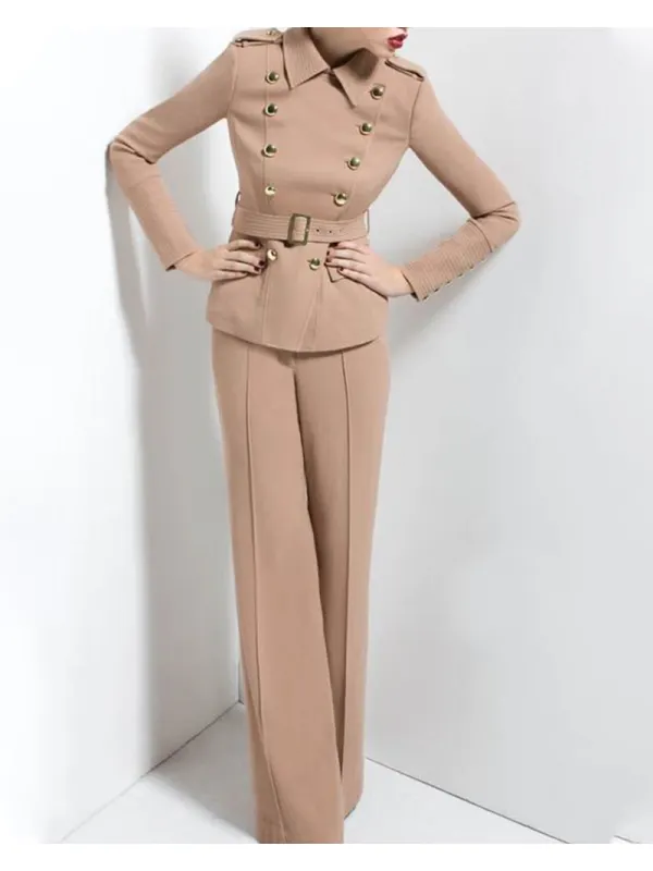 Ladies Retro Gold Double-breasted Design High Waist Suit - Ininrubyclub.com 