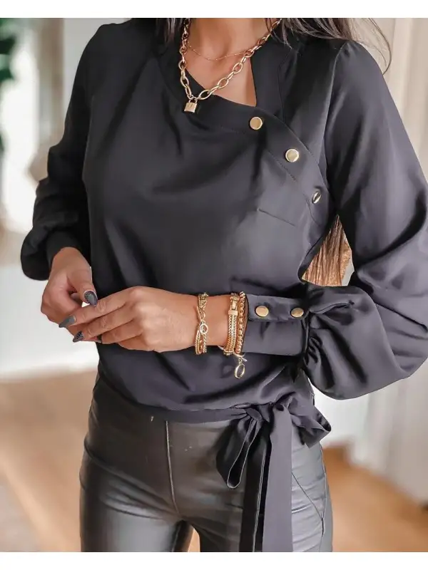 Women's Fashion Long Sleeve Vl Neck Tie Satin Shirt - Ininrubyclub.com 