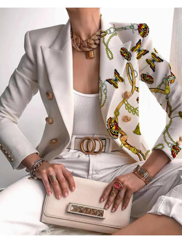Women's Elegant Half Gold Zipper Print Blazer - Ininrubyclub.com 
