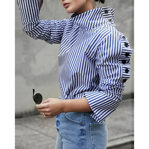 Daily Fashion button long-sleeved striped Machine Washable Chemical Fiber All Season shirt - Charmslady.com 