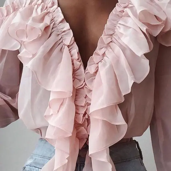 V-neck pleated chiffon ruffled long-sleeved shirt loose top - Leanarea.chimpone.com 