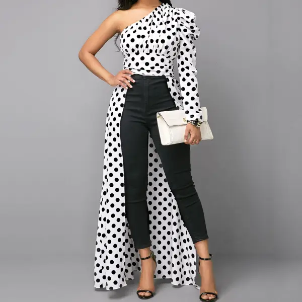 Polka Dot Print Color Block One Shoulder Blouse - Leanarea.chimpone.com 