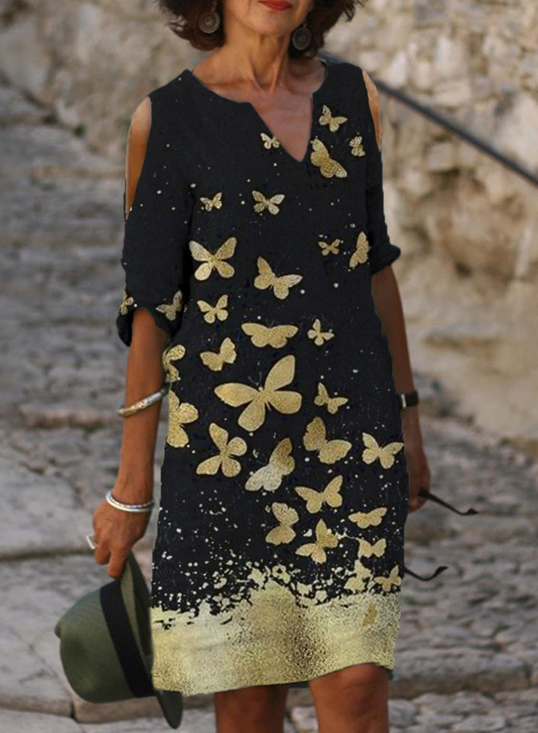 Fashion Butterfly Print Off shoulder V neck Dress Women