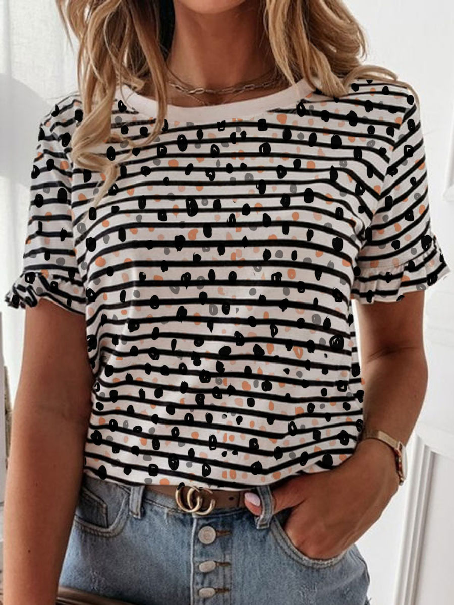Round Neck Striped Leopard Print Chic Ruffled T-shirt