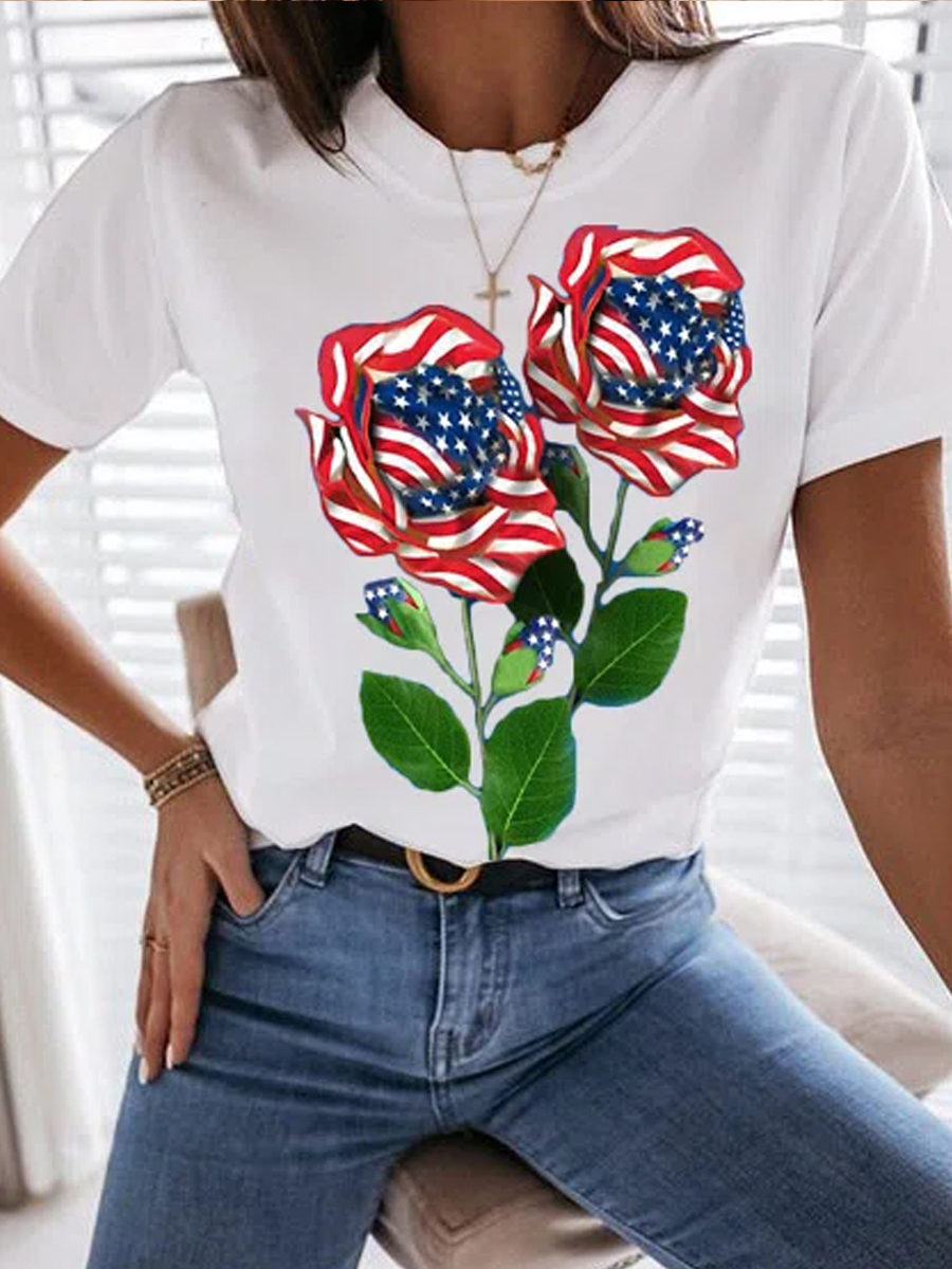 Casual Flower Print Short-sleeved Chic T-shirt