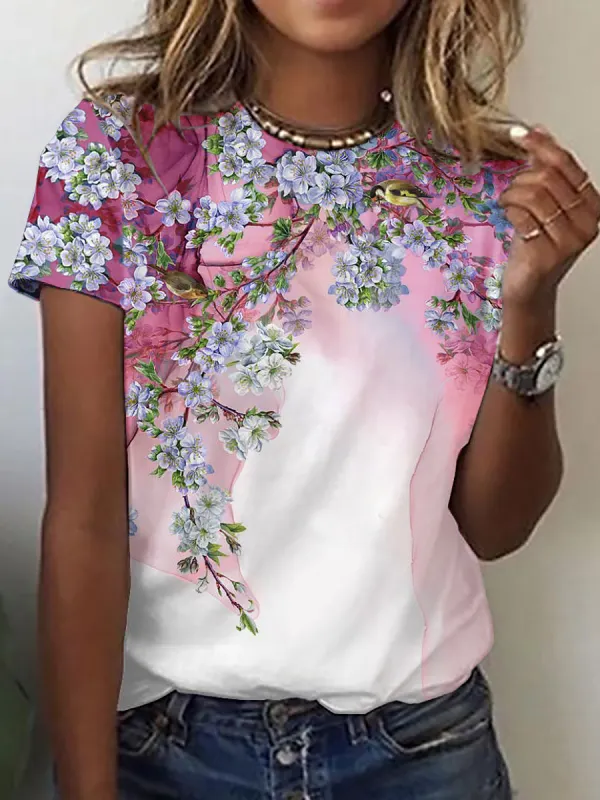 Casual Floral Print Short-Sleeved T-Shirt - Ininrubyclub.com 