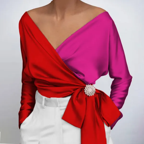 Fashion All-match Color Block Blouse - Seeklit.com 