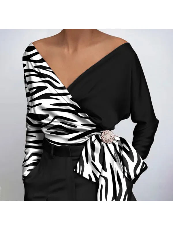 Fashion Daily Fit Regular Sleeve Long Sleeve V-neck Zebra Print Color Block Polyester Blouse - Minicousa.com 