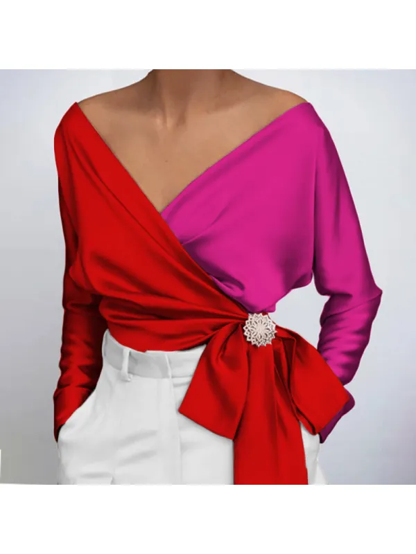Fashion Daily V-neck All-match Color Block Regular Sleeve Polyester Blouse - Ininrubyclub.com 