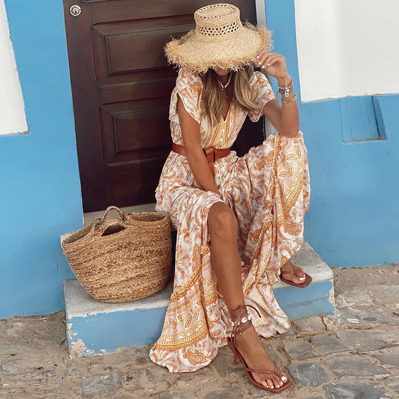 Fashion V neck Short Sleeve Printed Dress