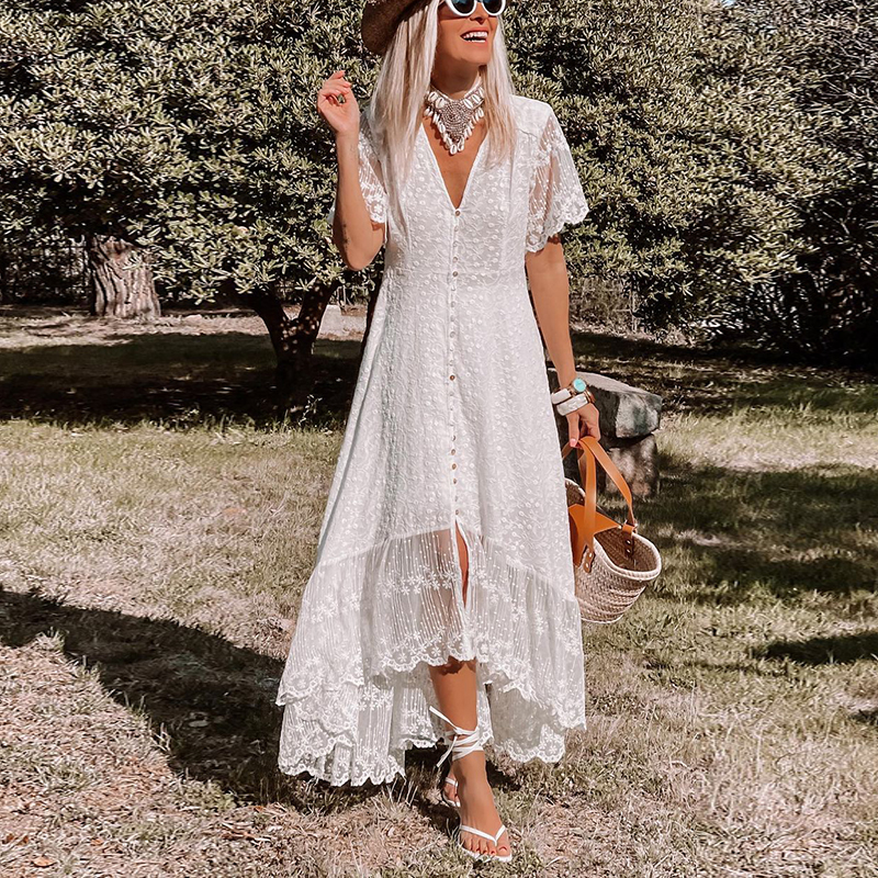 Fashion V neck Short sleeved Stitching Lace Dress