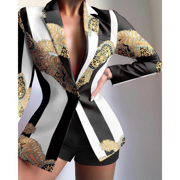 Women's Retro Black And White Contrast Color Positioning Printing Small Suit - Anystylish.com 