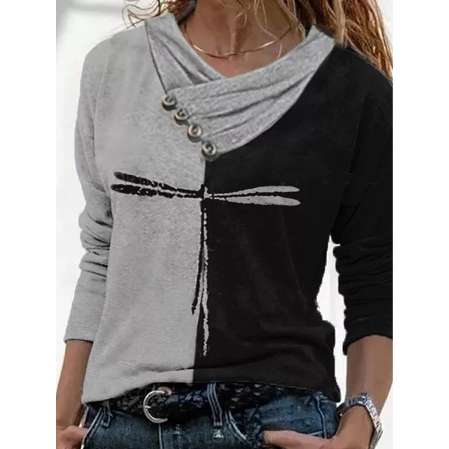 

Autumn And Winter V-Neck Stitching Contrast Color Dragonfly Print Casual Women'S T-Shirt