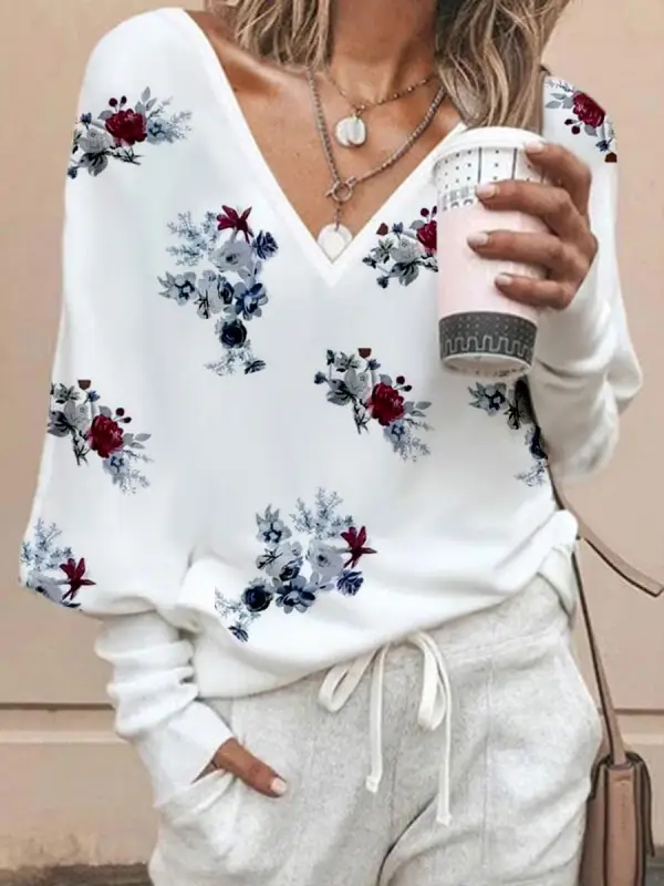 Fashion Flower Print Round Neck Long Sleeve Casual Sweatshirt - Anystylish.com 