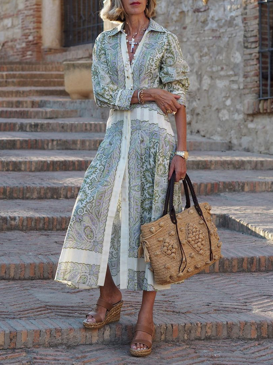 Fashion Vintage Print Button up Maxi Dress Women