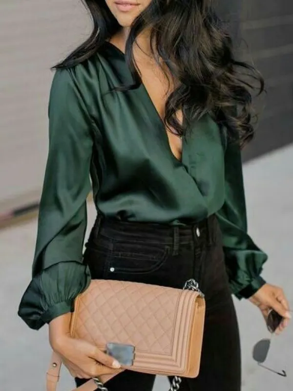 Women's Daily V-neck Long Sleeve Fashion Simple Silk Dark Green Machine Wash Cotton Mix Shirt - Minicousa.com 