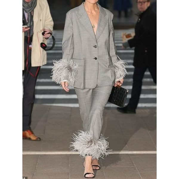 Women's Fashion Feather Decoration Flower Grey Suit Suit - Anystylish.com 