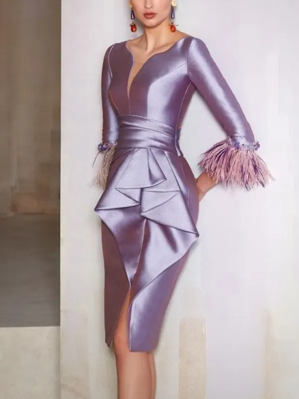 Women's Elegant Purple Satin Feather Three-quarter Sleeve Pleated Dress - Minicousa.com 