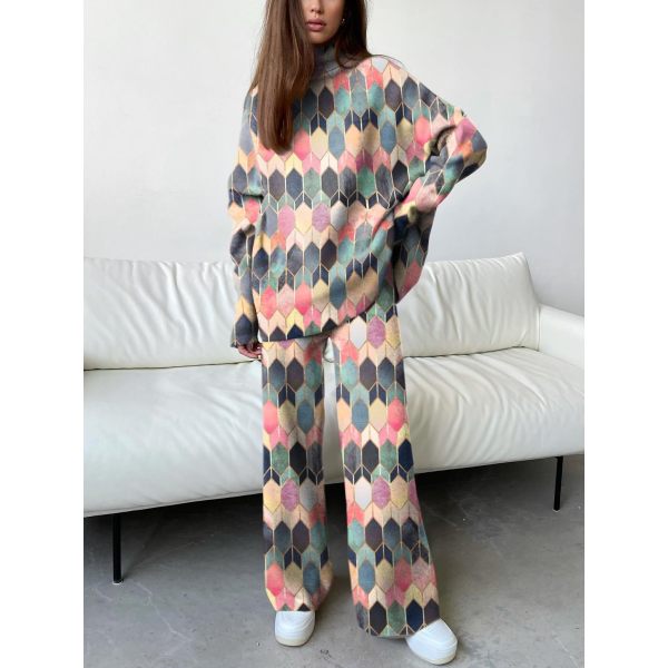 Women's Fashion Colorful Geometric Rectangle Loose High Collar Suit - Anystylish.com 