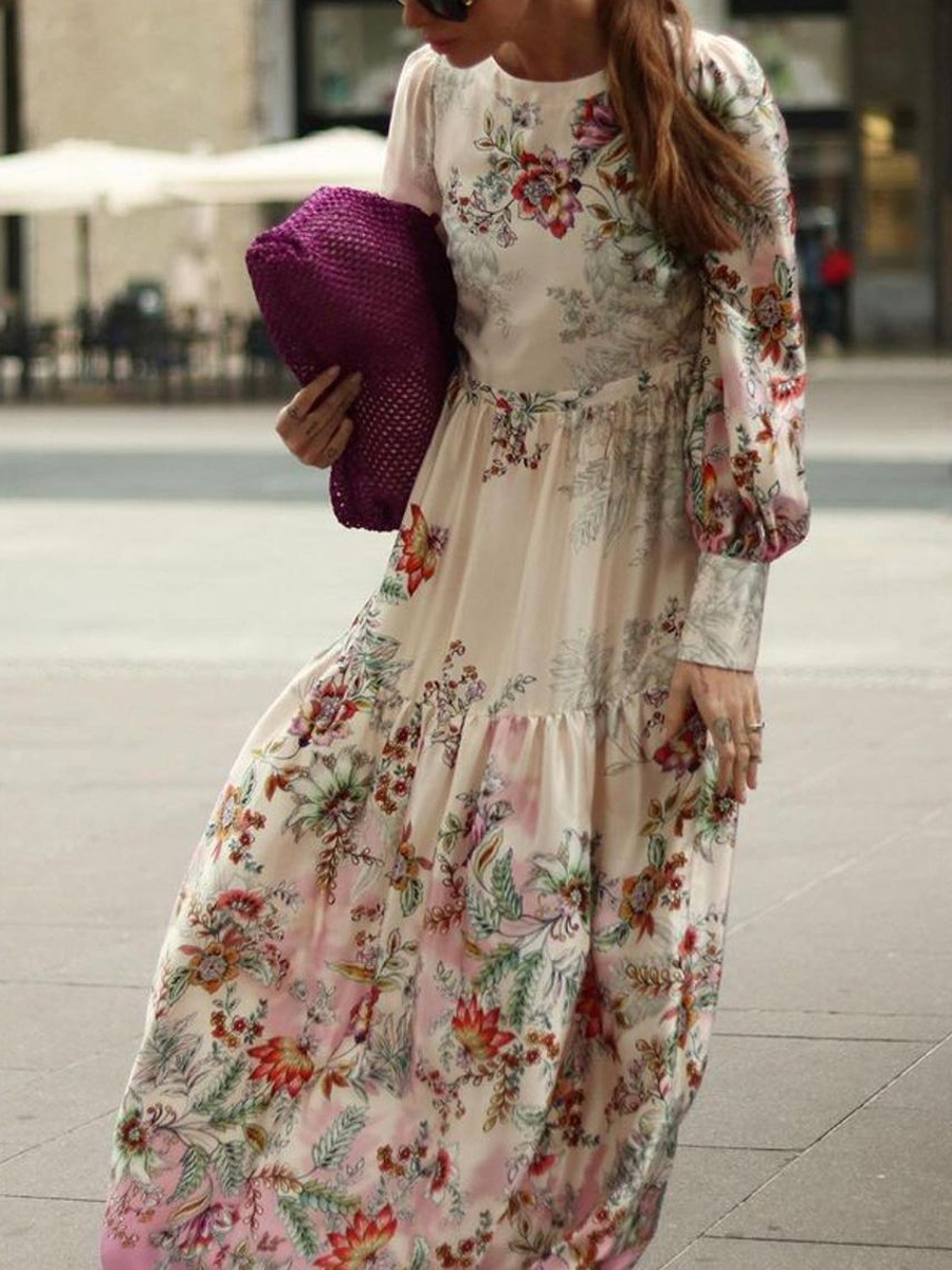 Fashion Floral Print Round neck Maxi Dress Women