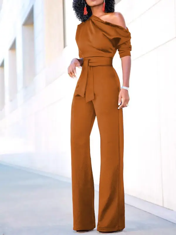 Women's Elegant Satin High Waist Oblique Shoulder Jumpsuit - Minicousa.com 